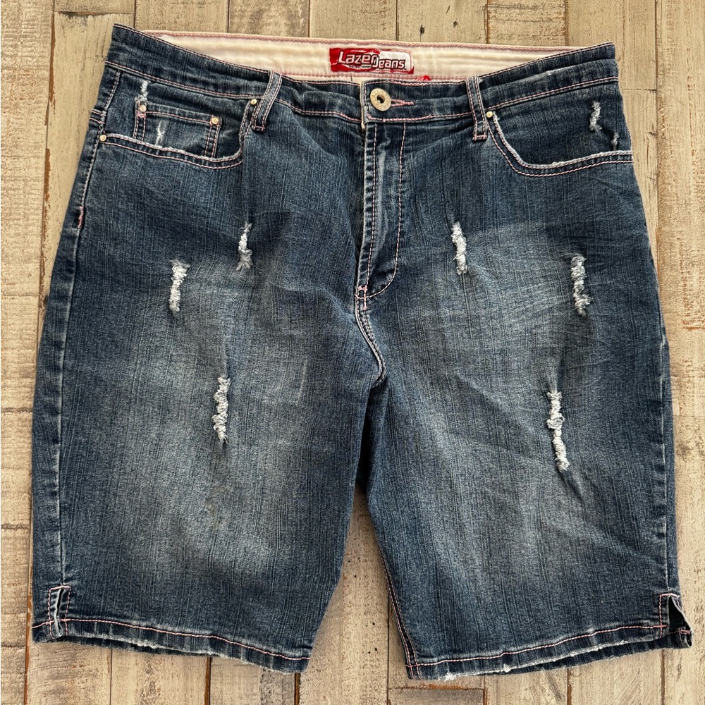 Women’s  Lazer Blue Denim Long Shorts with Pink Stitching